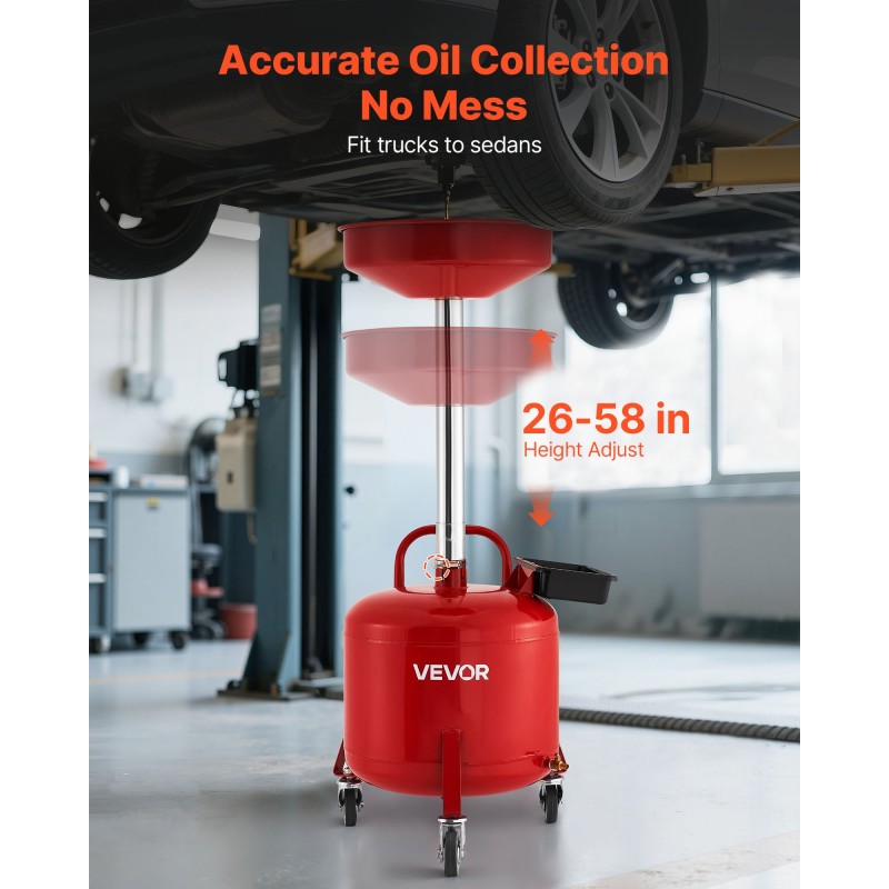 Jäteöljyn keräyssäiliö 30 l rautarunko pyörillä säädettävällä suppilolla autokorjaamoihin