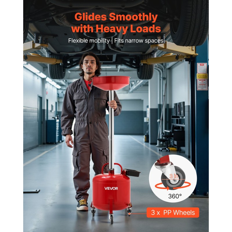 Jäteöljyn keräyssäiliö 30 l rautarunko pyörillä säädettävällä suppilolla autokorjaamoihin