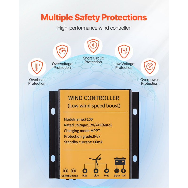 Aurinko- ja tuulivoimapaketti 6 kpl 100W monikidepaneelia 400W tuuliturbiini 25.6V 100Ah akku