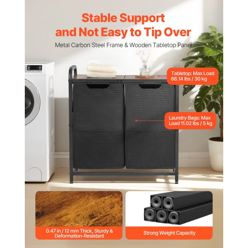 Pyykkilajittelukori kaksiosainen 600D Oxford kangas irrotettavat pussit metallirunko pöytälevy musta