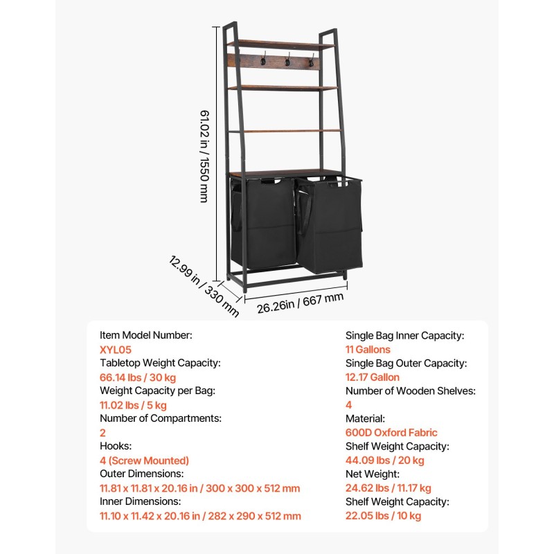 Pyykkilajittelija 600D Oxford-kangas kahdella lokerolla irrotettavat pussit musta