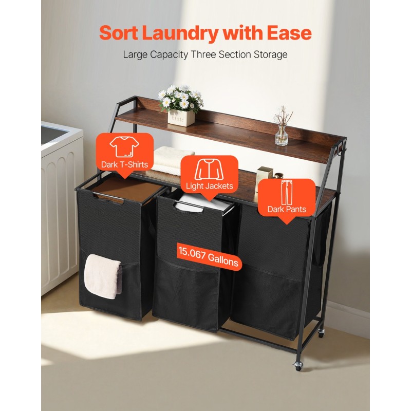 Pyykkilajittelukori metallirunkoinen 45,2 gallonaa kaksi lokeroa irrotettavat pyykkipussit musta