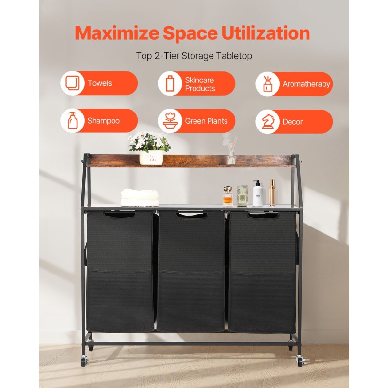 Pyykkilajittelukori metallirunkoinen 45,2 gallonaa kaksi lokeroa irrotettavat pyykkipussit musta