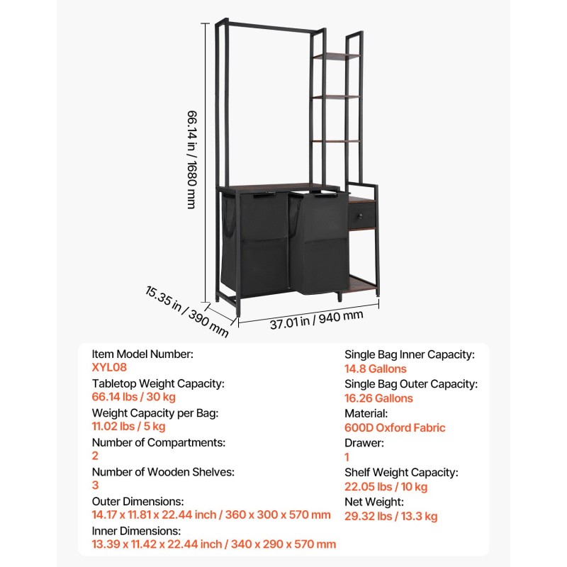 Pyykkilajittelija kaksiosainen 600D Oxford-kangas 3 puuhyllyä ripustustangolla musta
