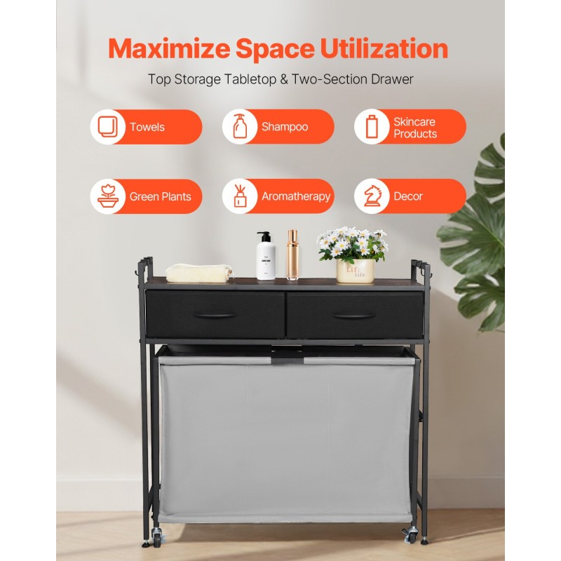 Pyykkilajittelukori 3-osastoinen 600D Oxford-kankaasta musta lastulevyinen kansitaso pyörillä