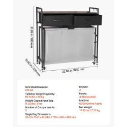 Pyykkilajittelukori 3-osastoinen 600D Oxford-kankaasta musta lastulevyinen kansitaso pyörillä