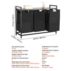 Pyykkilajittelija 3 irrotettavaa säkkiä 600D-kankaasta pöytätasolla metallirungolla musta