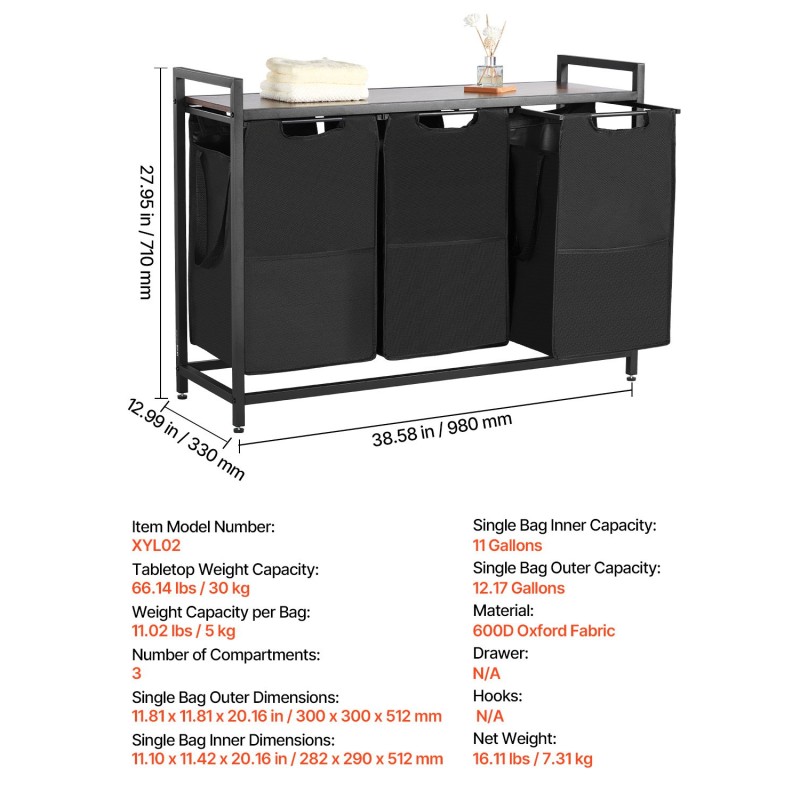 Pyykkilajittelija 3 irrotettavaa säkkiä 600D-kankaasta pöytätasolla metallirungolla musta