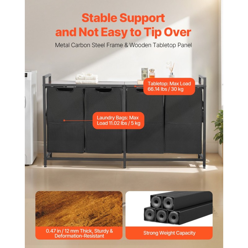 Pyykkilajittelija 4-osainen musta kestävästä kankaasta irrotettavilla pusseilla
