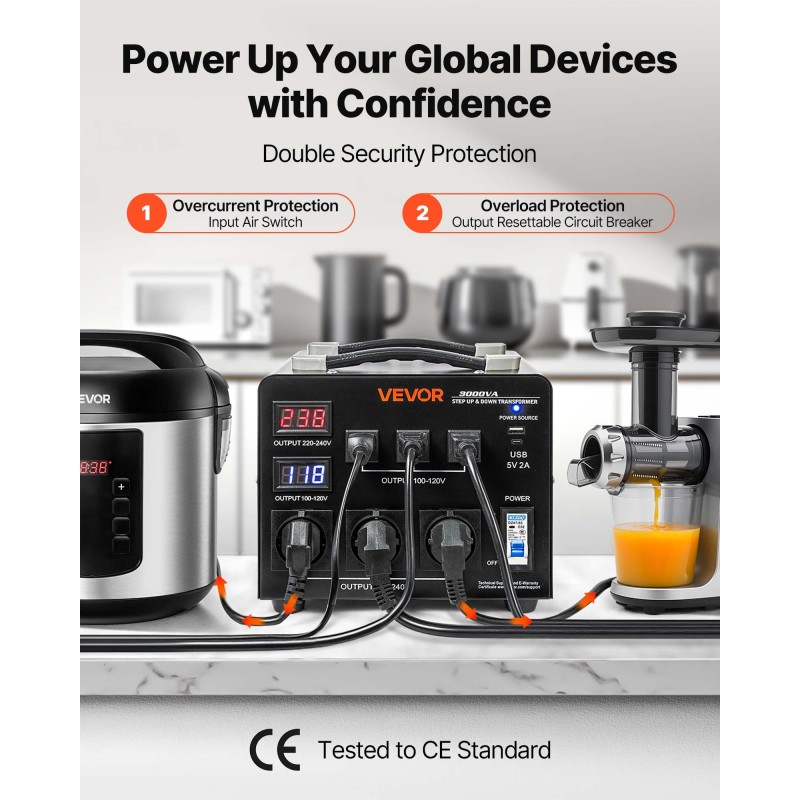 Jänniteautomaattimuunnin 3000VA 110V–220V kaksisuuntainen metallikotelo 3 US- ja 3 EU-pistorasiaa