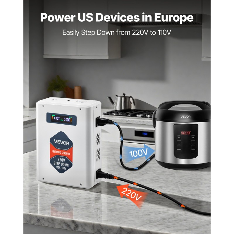 Askelalaskumuuntaja 2000VA metallikotelo 110V-laitteille kaksi amerikkalaista pistorasiaa USB- ja Type-C-lähdöillä LCD-näytöllä