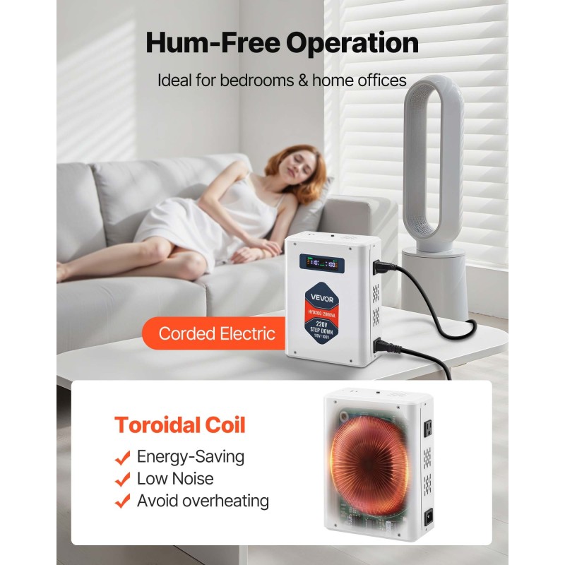 Askelalaskumuuntaja 2000VA metallikotelo 110V-laitteille kaksi amerikkalaista pistorasiaa USB- ja Type-C-lähdöillä LCD-näytöllä