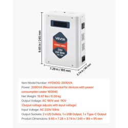 Askelalaskumuuntaja 2000VA metallikotelo 110V-laitteille kaksi amerikkalaista pistorasiaa USB- ja Type-C-lähdöillä LCD-näytöllä