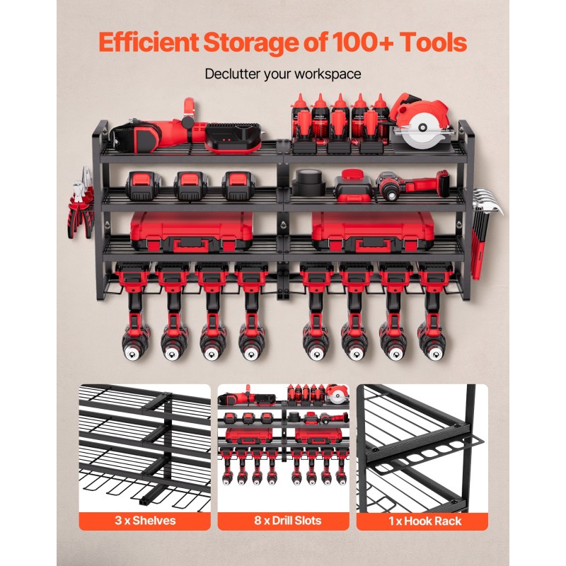 Seinäasennettava sähkötyökaluteline 4 tasoa hiiliteräs musta 8 porapidikettä
