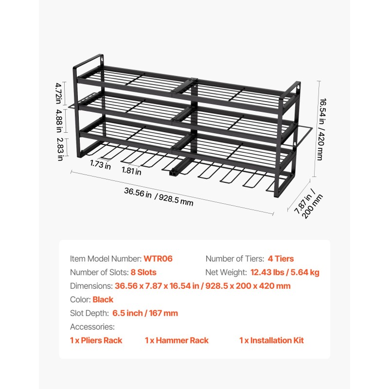 Seinäasennettava sähkötyökaluteline 4 tasoa hiiliteräs musta 8 porapidikettä