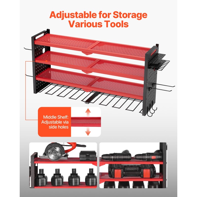 Seinäkiinnitteinen nelitasoinen hiiliterästeline porakoneille kahdeksalla uralla mattakirkas punainen