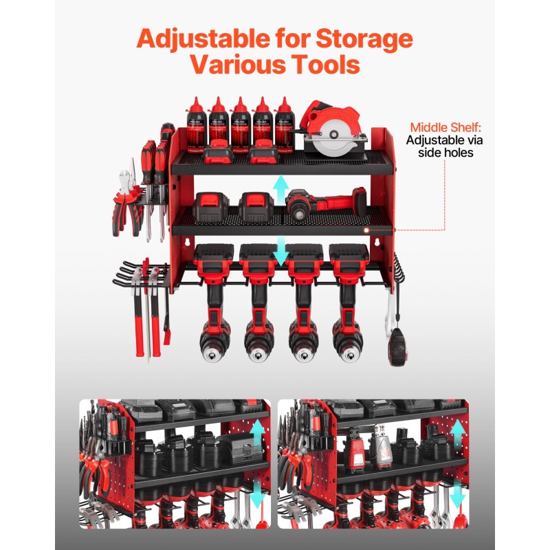 Sähkötyökalujen säilytysteline seinään kiinnitettävä kolmitasoinen hiiliteräs mattakirkkaan punainen neljä porapaikkaa