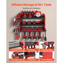 Sähkötyökalujen säilytysteline seinään kiinnitettävä kolmitasoinen hiiliteräs mattakirkkaan punainen neljä porapaikkaa