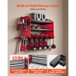 Sähkötyökalujen säilytysteline seinään kiinnitettävä kolmitasoinen hiiliteräs mattakirkkaan punainen neljä porapaikkaa