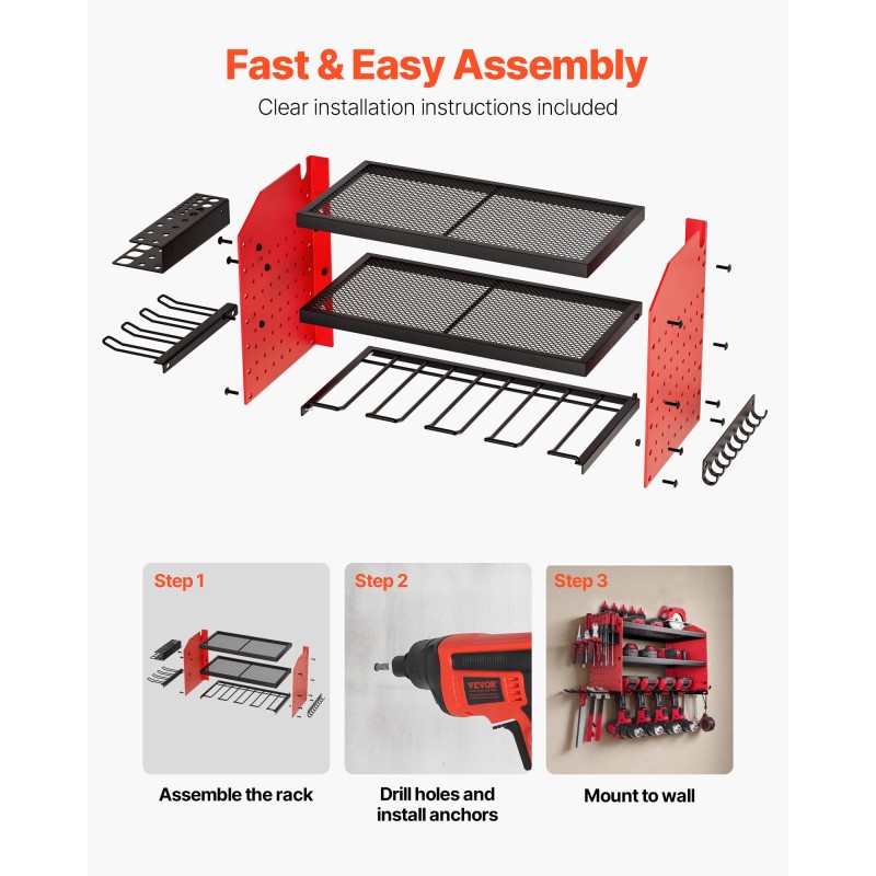 Sähkötyökalujen säilytysteline seinään kiinnitettävä kolmitasoinen hiiliteräs mattakirkkaan punainen neljä porapaikkaa