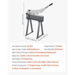 Käsikäyttöinen ohutlevyleikkuri 500 mm työleveys 1,5 mm pyöröterä alumiiniin ja teräkseen