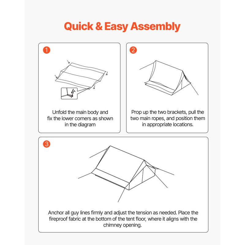 Kahden hengen talviteltta vedenpitävä 70D210T nailon 3800×2000×1900 mm kamiinapaikalla integroidulla pohjamatolla
