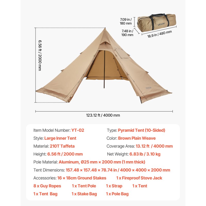 Teltta pyramidimallinen 10-sivuinen 4 hengelle 4 x 4 m 210T tafti kamiinayhteellä