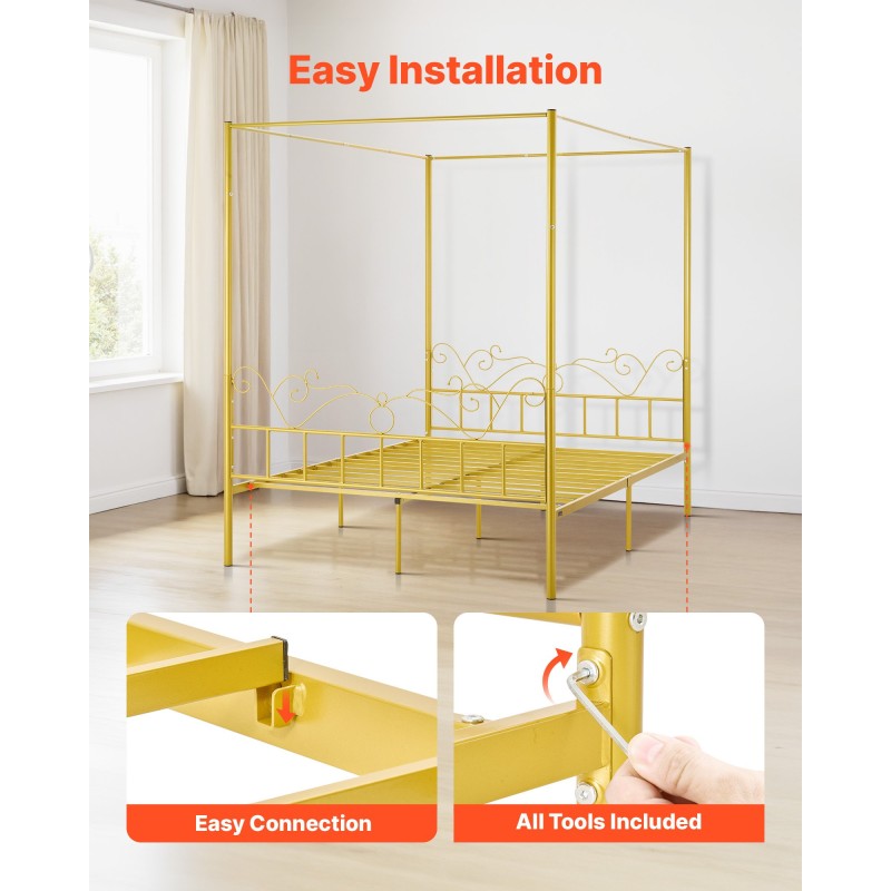Teräs katossängyn runko 211 x 155 cm patjalle kultainen neljän pylvään katosrakenne