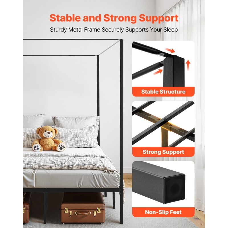 Metallinen katossänky neljällä pylväällä täysikokoinen musta 12,4 tuuman vapaa tila