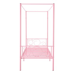 Metallinen yhden hengen katossängyn runko neljän pylvään vaaleanpunainen