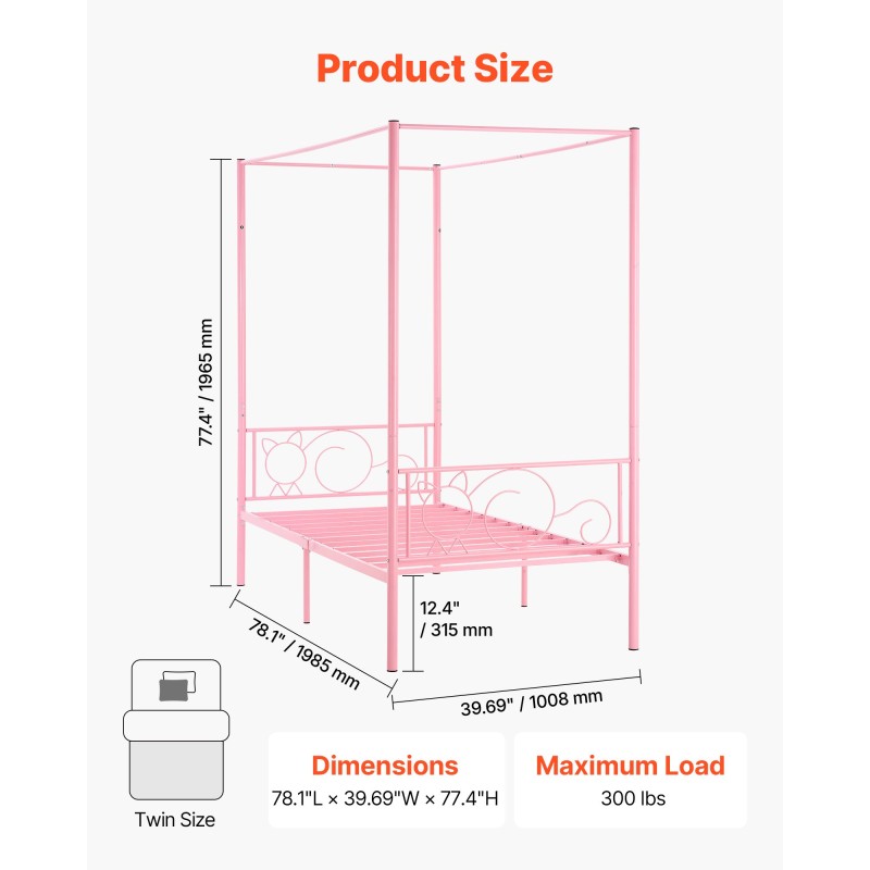 Metallinen yhden hengen katossängyn runko neljän pylvään vaaleanpunainen