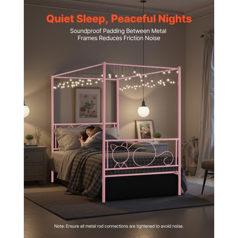 Metallinen yhden hengen katossängyn runko neljän pylvään vaaleanpunainen