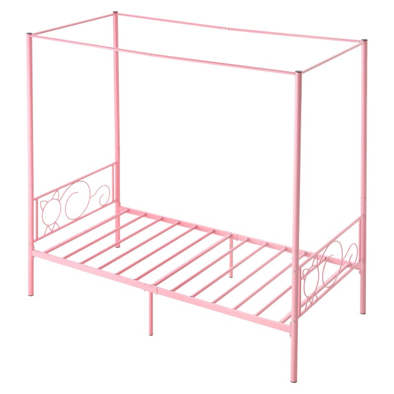 Metallinen yhden hengen katossängyn runko neljän pylvään vaaleanpunainen