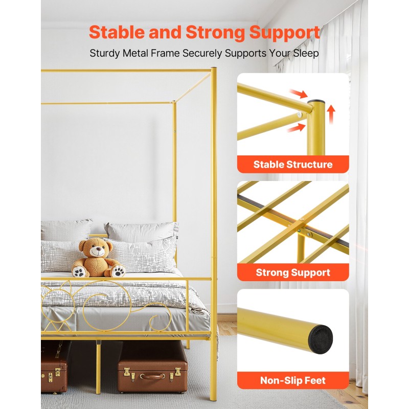 Metallinen täysikokoinen nelipylvässänky kullanvärinen terässäleillä äänieristystyynyillä noin 12,4 tuuman säilytystilalla