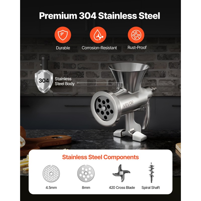 Käsikäyttöinen lihamylly ruostumatonta terästä pöytäkiinnityksellä kahdella leikkuulevyllä ja makkarasuppiloilla