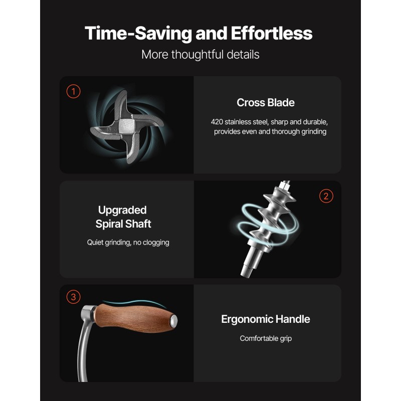 Käsikäyttöinen lihamylly ruostumatonta terästä pöytäkiinnityksellä kahdella leikkuulevyllä ja makkarasuppiloilla