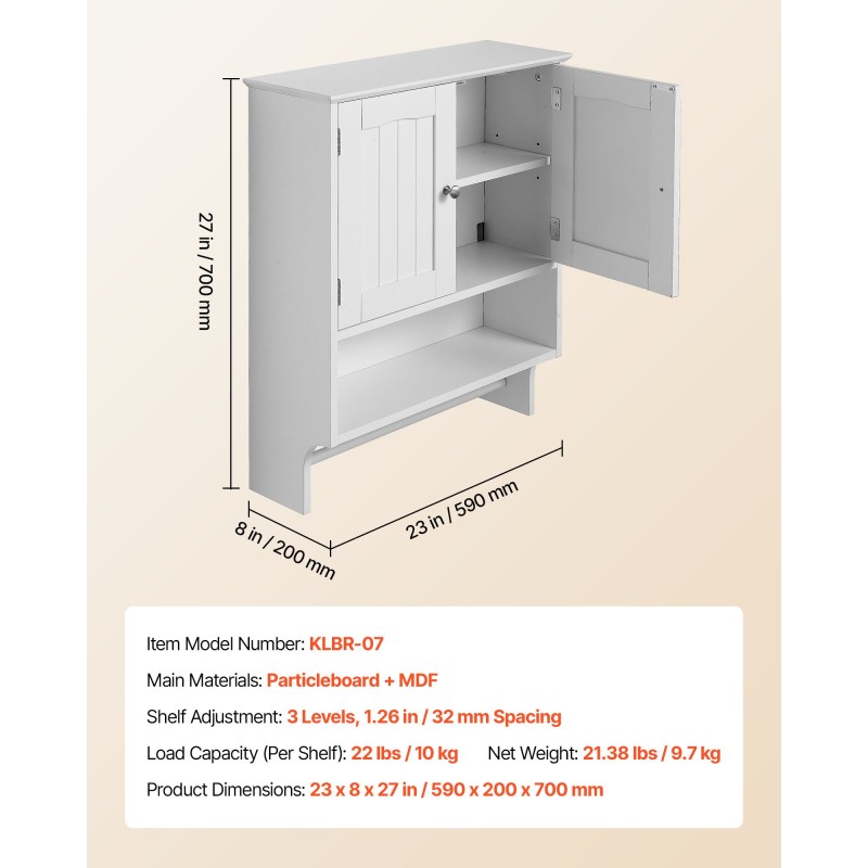Seinäkaappi lastulevy ja MDF 590x200x700 mm säädettävä hylly pyyhetangolla