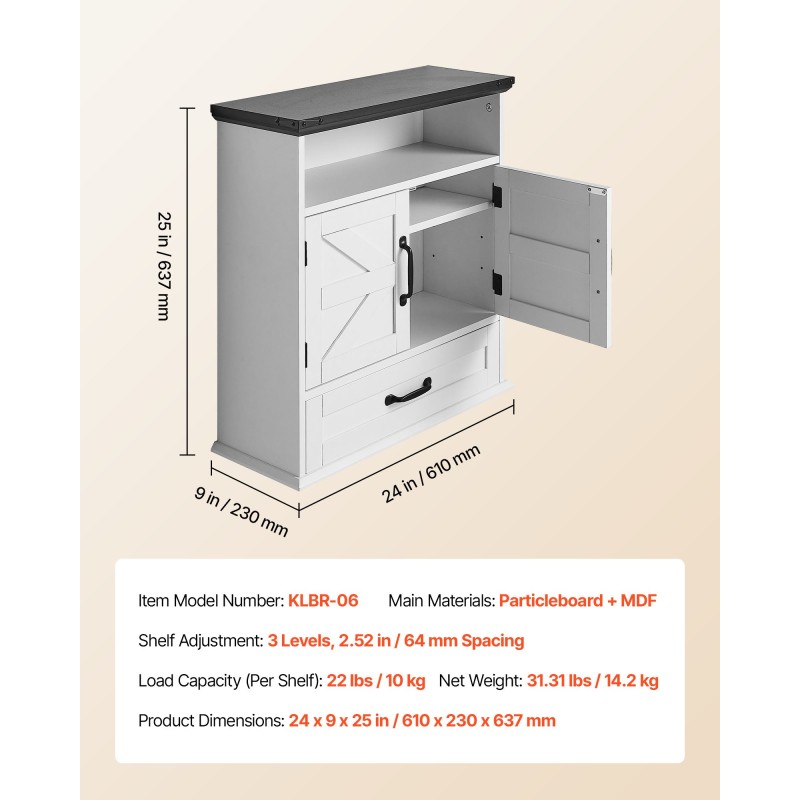 Kylpyhuoneen seinäkaappi lastulevy ja MDF 610×230×637 mm 2 ovea laatikko
