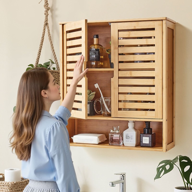 Seinäkaappi seinälle asennettava 2-ovinen säädettävä 3-tasoinen avohylly 590x210x666 mm