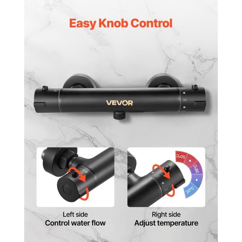 Termostaattinen suihkuventtiili messinkirunko mattamusta turvalukitus kaksi säätönuppia