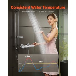 Termostaattinen suihkuhana messinkirunko kromattu kolmekymmentäkahdeksan asteen turvalukolla G1/2 ja G3/4 liitännöillä