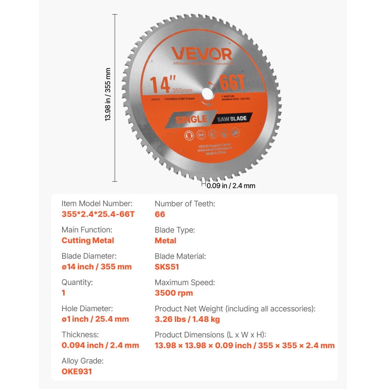 Pyörösahan metallikatkaisulaikka 355 mm 2,4 mm SKS51 66 hammasta