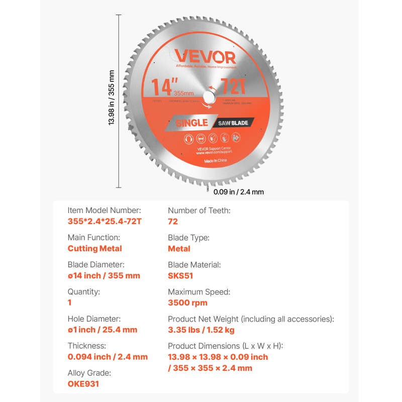 Metallin katkaisuterä pyörösahoihin 355 mm 72 kovametallihammasta 25,4 mm