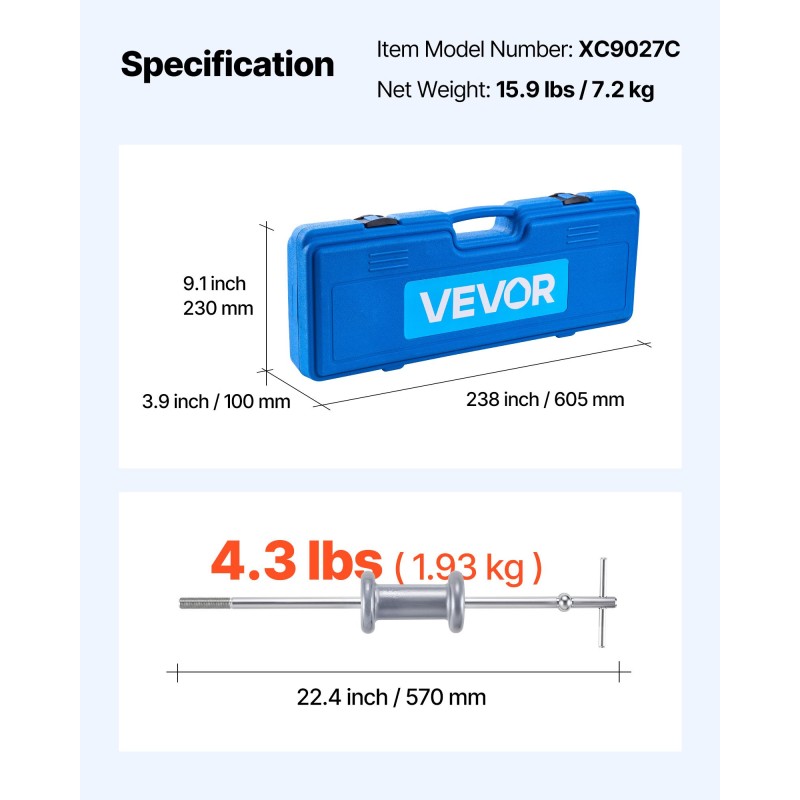 Ulosvetosarja 9-suuntainen liukuvasara 15-osainen T-kahvalla etupyörän ja takapyörän napoihin