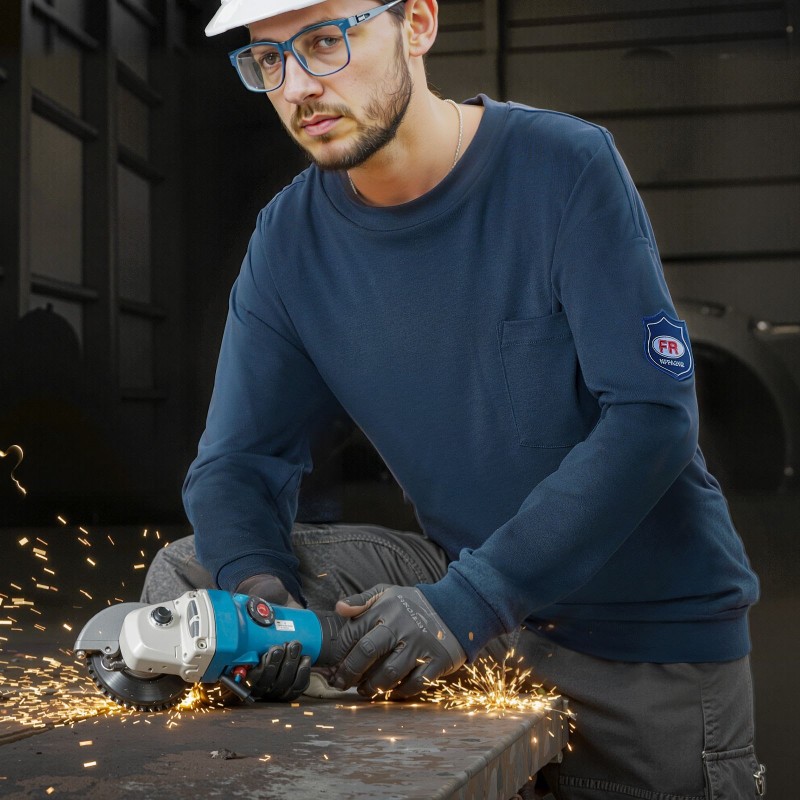 Pitkähihainen palosuojattu t-paita täysin puuvillainen rintataskulla miesten tummansininen