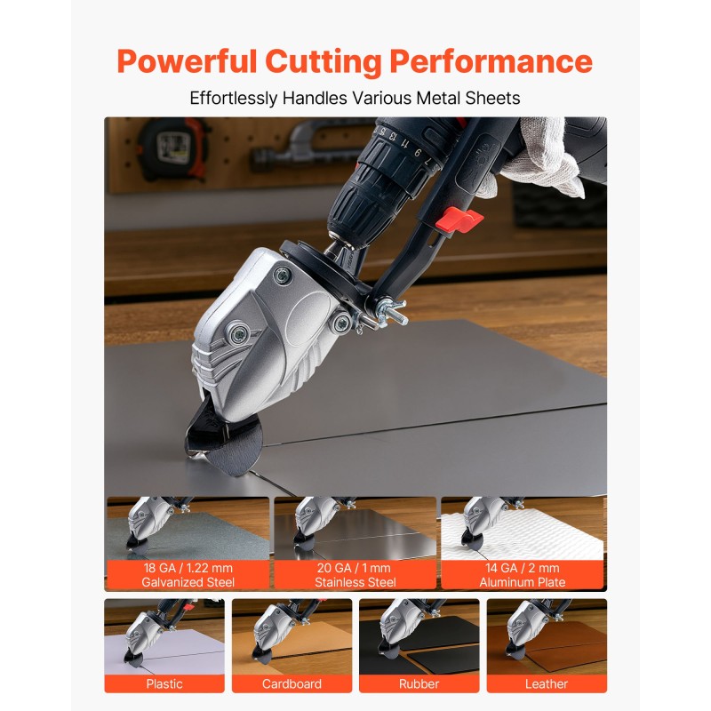 Porakoneeseen sopiva pelti- ja levyleikkuri 360-asteen kääntyvällä teräspäällä ruostumattomalle ja sinkitylle teräkselle