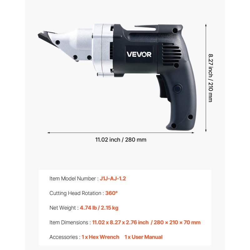 Sähköinen pelti- ja levyleikkuri 4,0 ampeerin moottorilla 360 asteen kääntyvällä leikkuupäällä