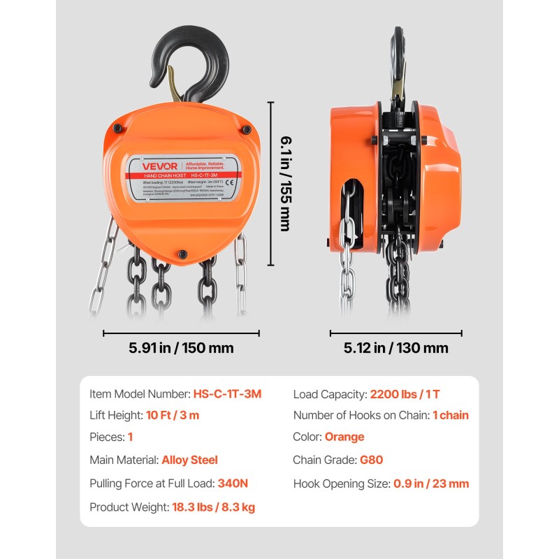 Käsikäyttöinen ketjutalja turvalukollinen koukku 1 t 3 m G80 seosteräs oranssi