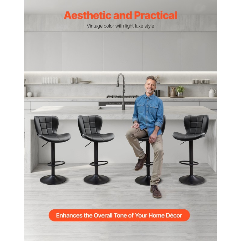 Baarijakkarasetti 4 kpl musta PU-nahkaverhoilu keittiöön selkänojilla korkeudensäätö