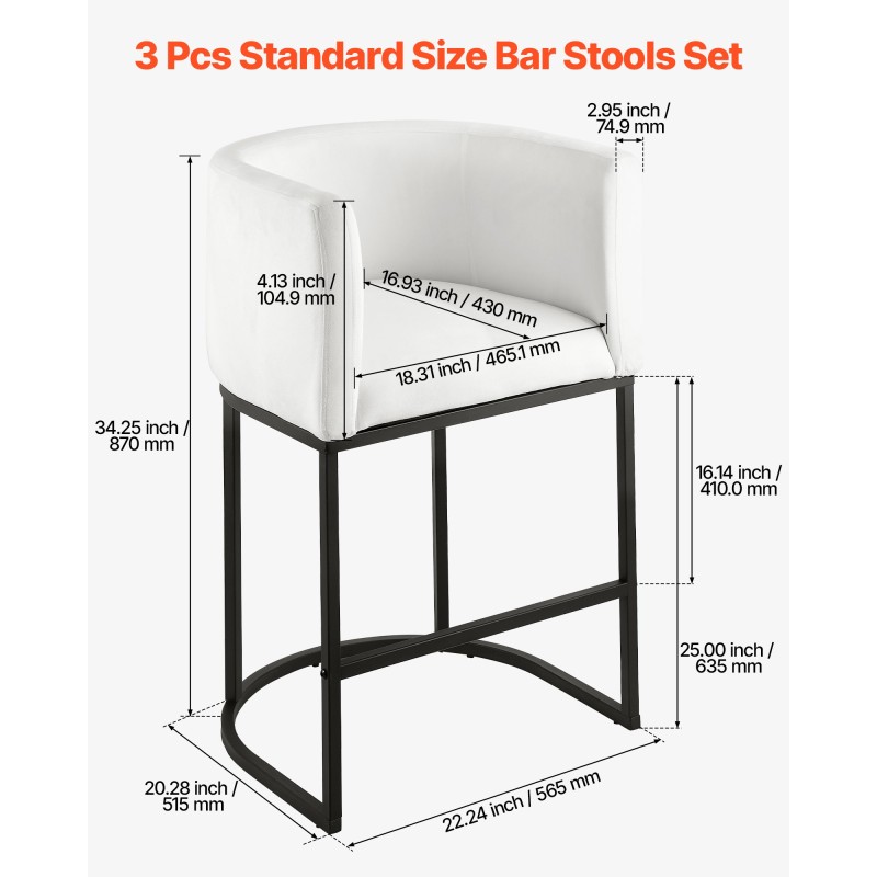 Baarijakkarasetti 3 kpl pehmustettu valkoinen plyysi metallirunko 63 cm puoliksi avoin selkänoja